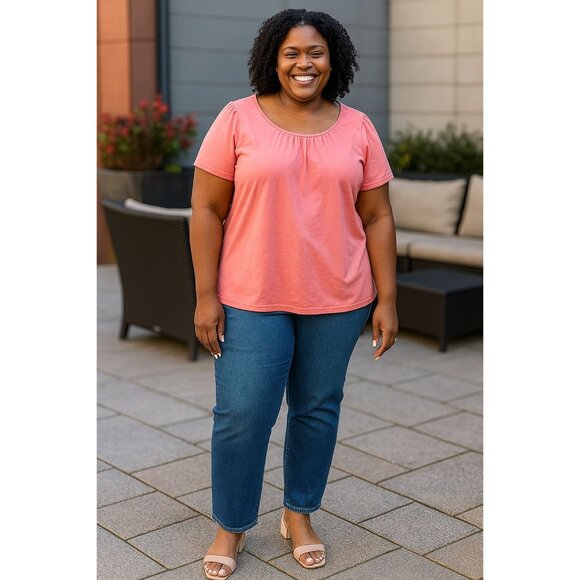 Basic Editions Plus-Size Top 2X Coral Pink Scoop Neck Short Sleeve - Picture 9 of 9